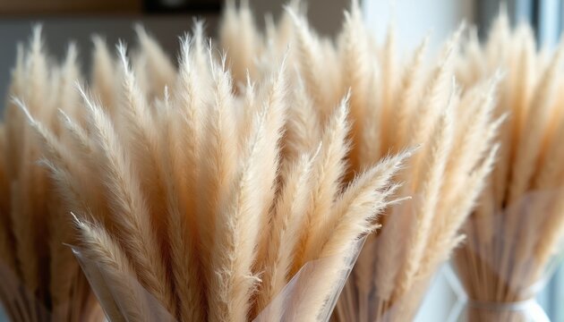 Bunches of fluffy lagurus ovatus bunny tail grass in clear packaging. Used for interior decor natural floral arrangements. Soft beige aesthetic.