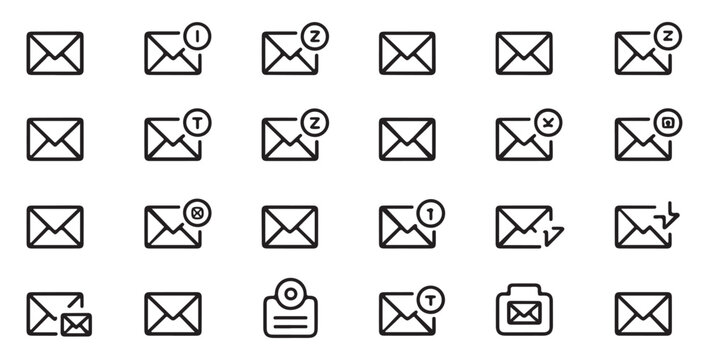 Set of 28 outline icons for email and messaging, including notifications and status indicators on transparent background.