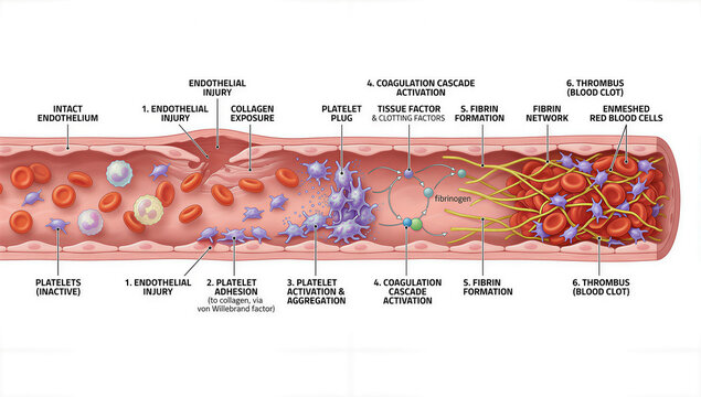 Unveiling the intricate ballet of blood clot formation within a damaged vessel