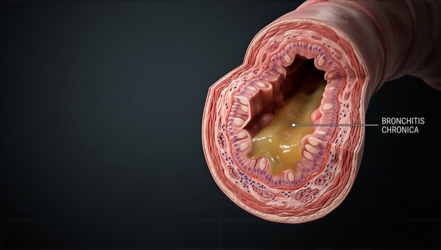 Human bronchus afflicted by chronic bronchitis, showcasing inflammation and mucus buildup within the respiratory airway