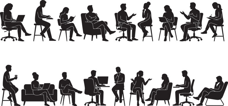 Silhouette of people sitting in various office settings working on laptops and computers engaging in conversations
