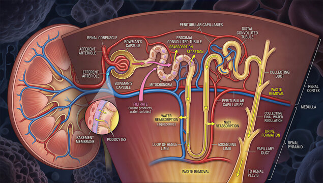 Illustrating the intricate biological pathway of blood filtration and urine creation in a human Kidney Nephron
