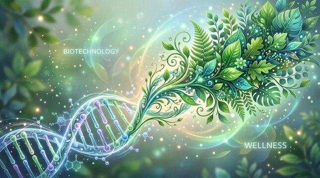 A double helix dna strand intertwining with lush green foliage and floral ornament