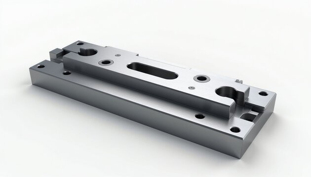 Metal drill guide fixture with alignment base and precise holes. Tool for accurate drilling and manufacturing. Heavy duty jig for workshop use, precision engineering part.