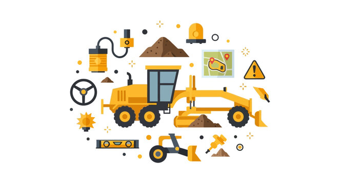 Flat Vector Illustration of a Yellow Motor Grader and Road Construction Heavy Equipment Icons Isolated on White Background
