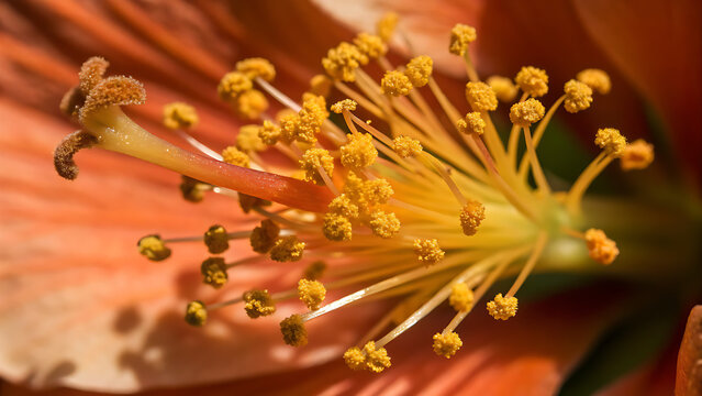 Close up of orange flower stamens and anthers blooming