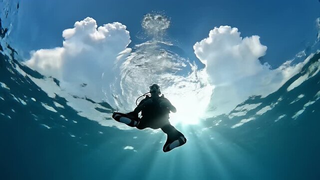 A lone diver ascends towards bright sunbeams and cloudy sky