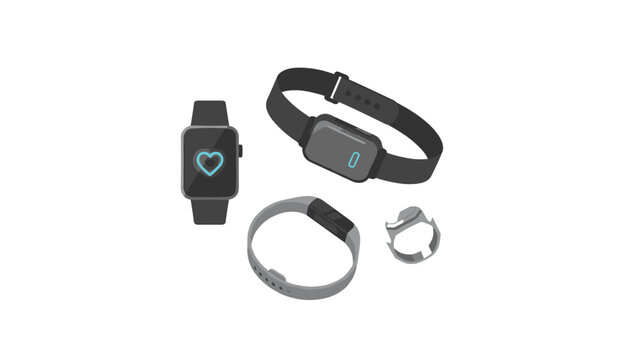 Smartwatches and fitness trackers displaying heart rate and step count metrics for health monitoring.
