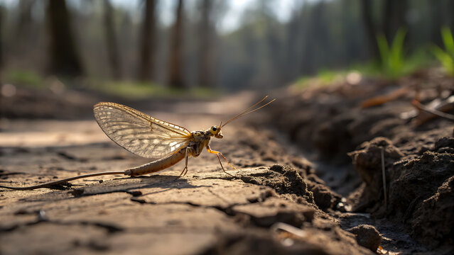 Mayfly insect on cracked dry earth outdoors in forest