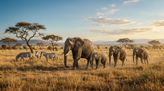 African elephants and zebras walking through the savanna at sunset