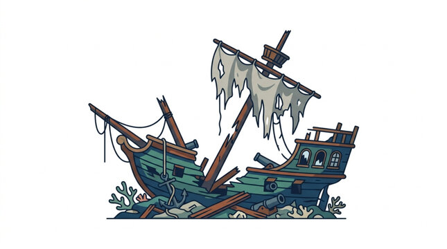 Old wooden shipwreck with tattered sails on white background.