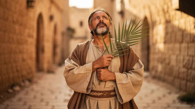 Middle aged man in traditional robe holding palm leaf in ancient stone street looking upwards