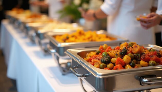 Catering buffet line with multiple food pans holding warm dishes. People select food from chafing dishes on a white tablecloth for an event.