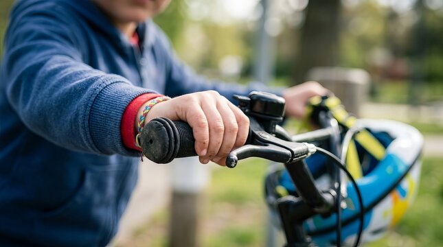 Close up of a child holding the handlebars of a bicycle outdoors.