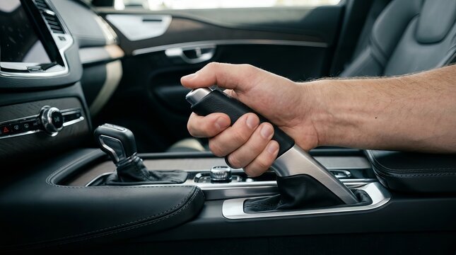 Driver pulling up the handbrake lever inside a modern luxury car.