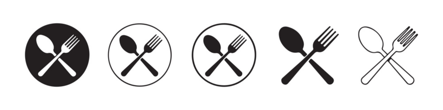 Crossed spoon and fork icons collection with black circle and outline styles for restaurant signage.