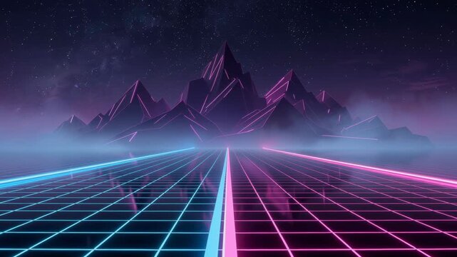 Futuristic neon grid road leading to glowing purple mountains under a starry night sky with fog