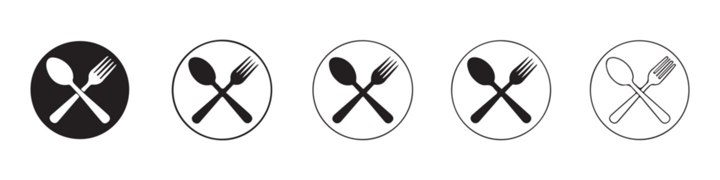 Silverware crossed icons set with spoon and fork designs in circle and outline variations for menus.