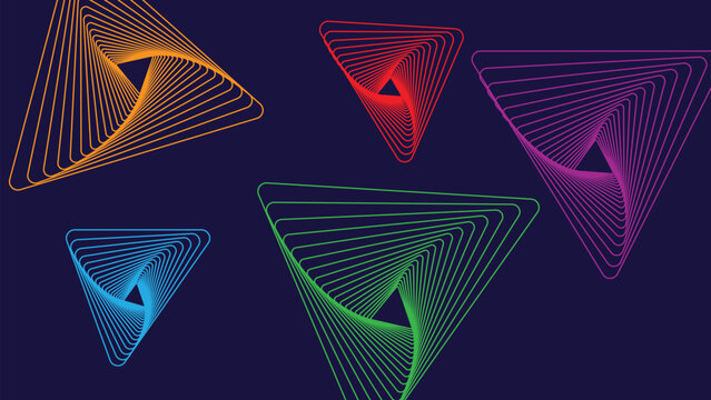 Abstract neon geometric pattern with rounded triangles and moire lines