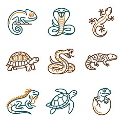 Reptile Icons Set: Chameleon, Cobra, Lizard, Turtle, Snake, Iguana, Baby Lizard © miftah