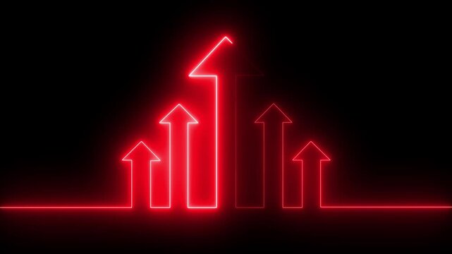 Neon glowing arrows bar graph animation on black background.