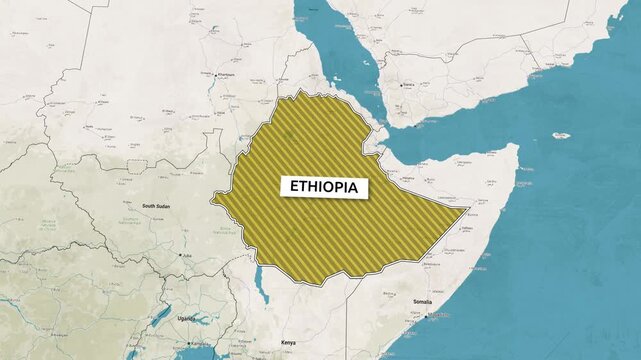 Borders of the state of Ethiopia on the map. Country Ethiopia on the map is highlighted by a polygonal border. Map animation. From above zooming in with panoramic view