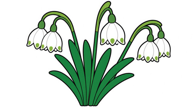 Snowdrops flowers with green leaves.