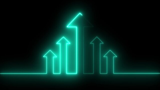 Neon glowing arrows bar graph animation on black background.