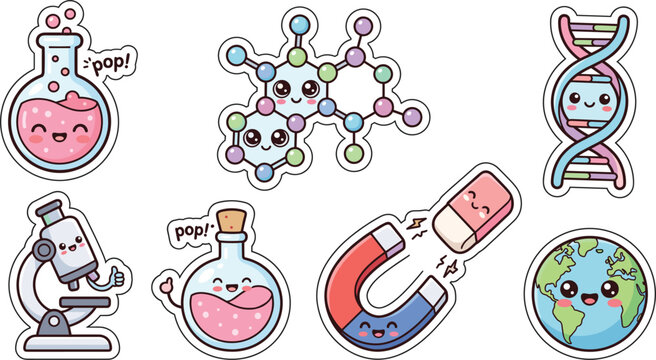 3D glossy science toy icon vector set with cute chibi physics chemistry and biology mascot graphic