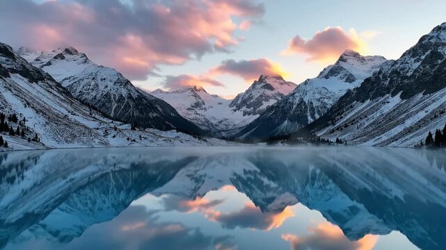 Serene mountain lake mirrors a rosy dawn sky and snow-covered peaks