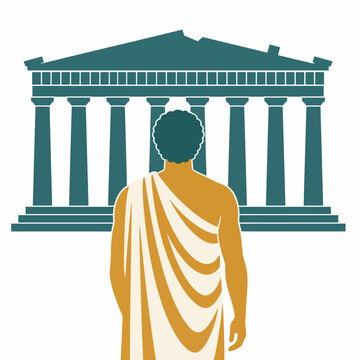 Ancient Greek Philosopher Standing Before Parthenon Temple Illustration.