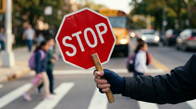 School crossing guard holding a stop sign to protect children crossing the street.