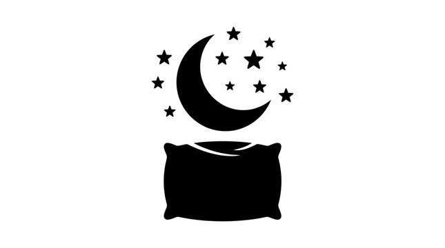 Black silhouette of a pillow under a crescent moon and stars