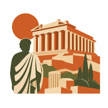 Ancient Greek Philosopher Standing Before the Parthenon Temple in Athens Illustration.