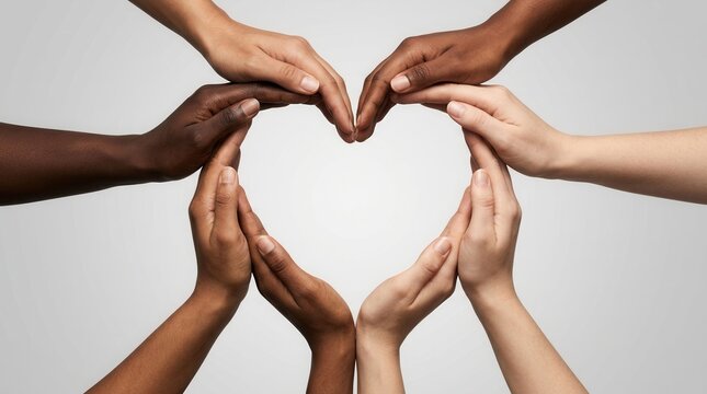 Multicultural hands coming together to create a heart symbol for unity and diversity.