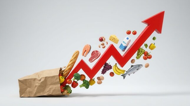 Concept of increasing food prices with a red arrow and various groceries.