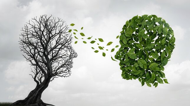 A symbolic representation of life and death through a leafless tree transitioning into a leaf-filled human head.