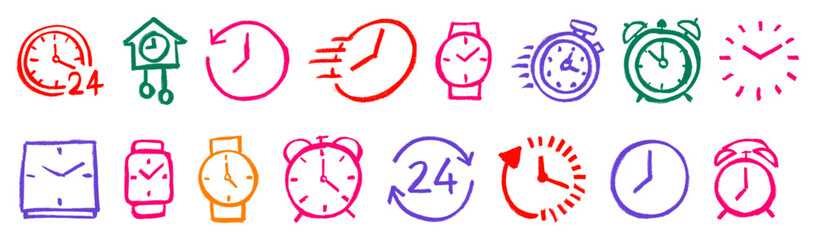 Time Icon Crayon Chalk Drawing Doodle Vector Set © Grunge Designs