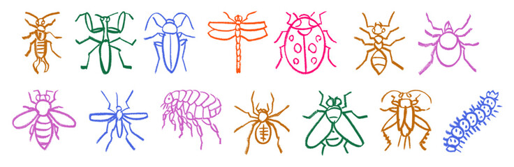 Bug Insect Thick Fly Icons Crayon Chalk Drawing Doodle Vector Set © Grunge Designs