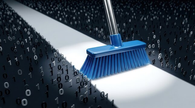 Concept of digital cleaning with a broom sweeping through binary numbers.