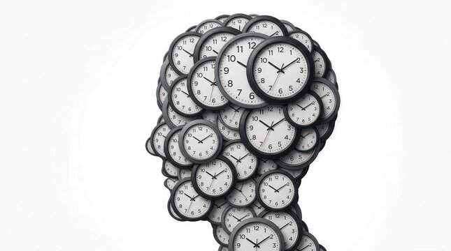 Many diverse analog clocks arranged in the shape of a human profile to symbolize time.
