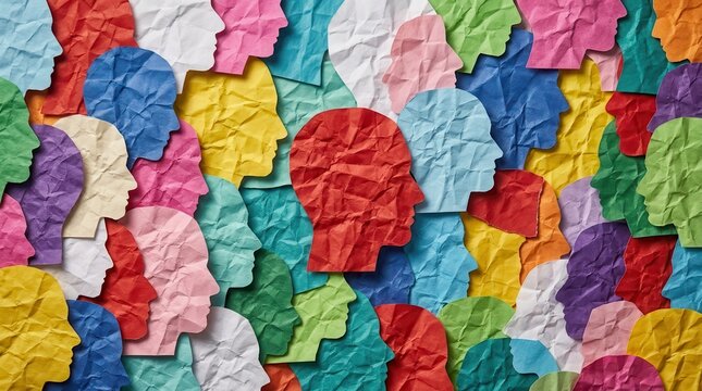 Abstract concept of schizophrenia and various mental disorder symptoms using textured paper profiles.