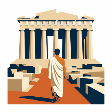 Ancient Greek philosopher walking toward the Parthenon temple in Athens illustration.