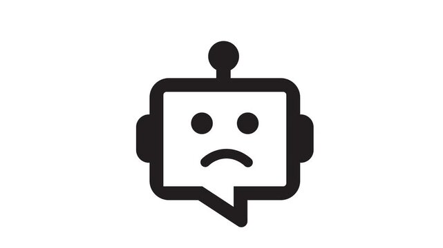Sad robot face with speech bubble on white background expressing emotion animation 4k stock video