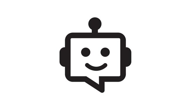 A black and white illustration of a smiling robot with a speech bubble on a white background animation 4k stock video