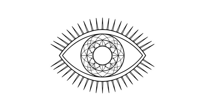 all seeing eye, third eye, sacred geometry eye, illuminati eye, mystic eye, black and white eye art, esoteric symbol, geometric eye, hand drawn outline engraving vector illustration design
