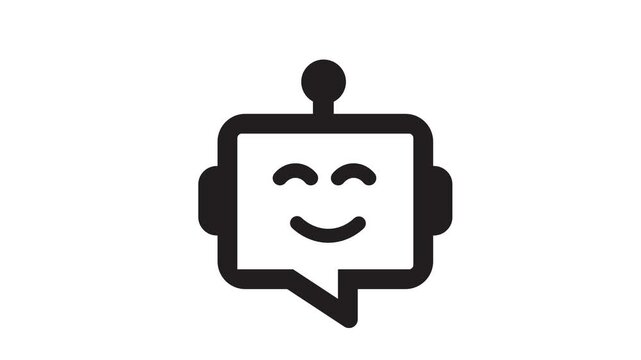 A black and white illustration of a smiling robot head with a speech bubble isolated on white background animation 4k stock video