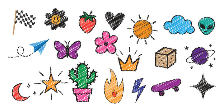 Set of colorful hand drawn doodle stickers with various fun shapes and cute icons