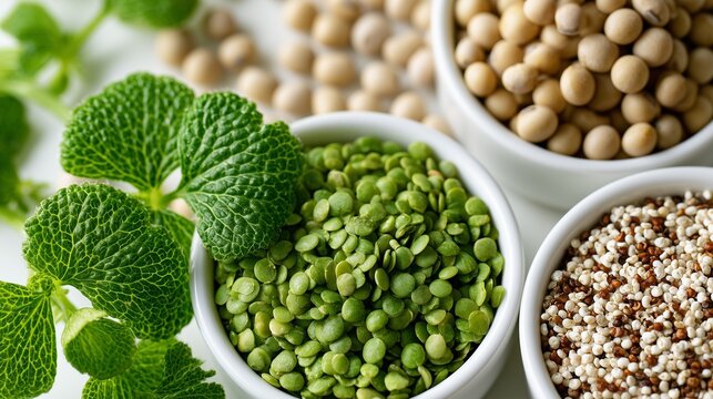 Fresh Wolffia globosa beside soybeans, lentils, and quinoa, alternative protein