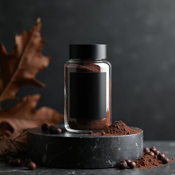 Glass jar with dark powder sits on stone pedestal. Dry leaf nearby, dark background. Minimalist still life, rustic mood, autumn theme. Spice presentation for branding.